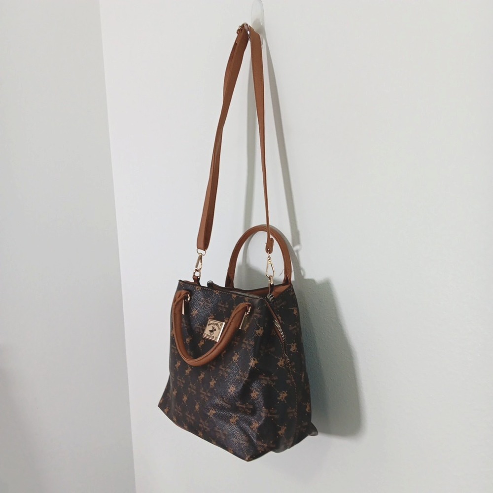 Beverly Hills Polo Crossbody Handbag Brown Tan Faux Leather Preppy Countryside - Picture 3 of 15